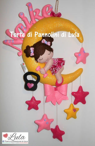 Fiocco nascita topolino, luna e stella con nome.