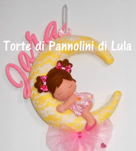 Fiocco nascita - Torte di pannolini di lula creazioni - fatto a mano pannolenci - luna bambina pizzo nome stelle