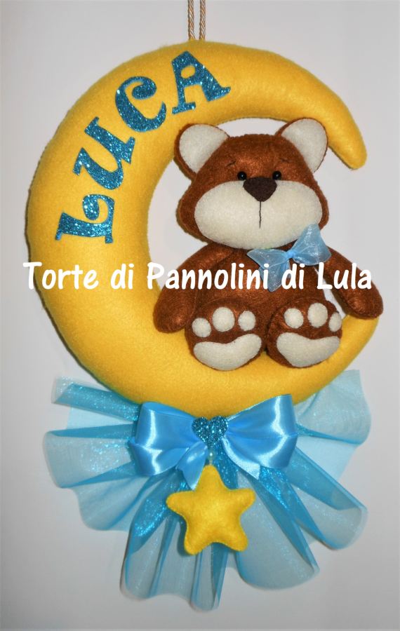 Fiocco nascita - Torte di pannolini di lula creazioni - fatto a mano pannolenci - luna orsetto orso peluche stella nome