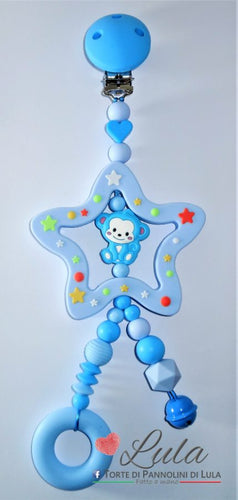 Lula creazioni giostra silicone carrozzina sdraietta passeggino stella campanella chiama angeli massaggiagengive scimmia azzurro maschio idea regalo nascita battesimo baby shower