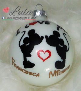 palline di natale decorazioni personalizzate immagine Topolino Minnie bacio romantica love cuore amore nome Lula Creazioni idea regalo Natale lei lui maschio femmina ragazza economica italia ancona