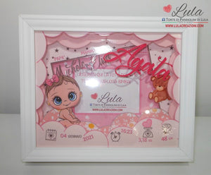 cornice quadro quadretto nascita 3d personalizzato nome foto portafoto rosa femmina maschio shadow box idea regalo gravidanza neo mamma baby shower nascita neonato battesimo utile originale bello shop online spedizioni Italia Lula Creazioni