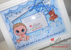 cornice quadro quadretto nascita 3d personalizzato nome dedica foto portafoto rosa femmina maschio shadow box idea regalo gravidanza neo mamma baby shower nascita neonato battesimo utile originale bello shop online spedizioni Italia Lula Creazioni