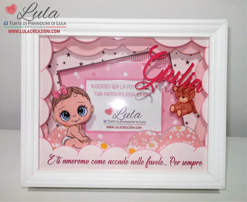 cornice quadro quadretto nascita 3d personalizzato nome dedica foto portafoto rosa femmina maschio shadow box idea regalo gravidanza neo mamma baby shower nascita neonato battesimo utile originale bello shop online spedizioni Italia Lula Creazioni