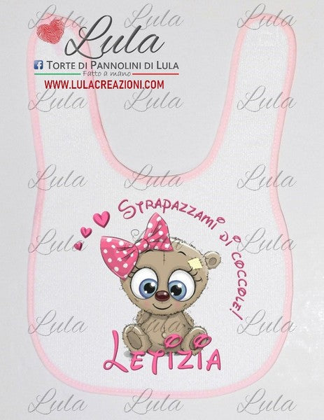 Torte di Pannolini di Lula Creazioni - Bavaglino personalizzato nome dedica Lula Creazioni strapazzami di coccole  idea regalo nascita battesimo baby shower primo compleanno natale orsetto dolce rosa tenero utile particolare