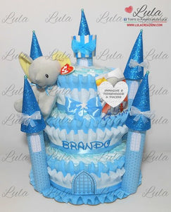 Torta di Pannolini CASTELLO Prestige - Lula Creazioni - azzurro celeste blu maschio principe + peluche idea regalo nascita gravidanza battesimo baby shower utile originale bello shop online spedizioni Italia ancona