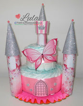 Carica l&#39;immagine nel visualizzatore di Gallery, Torta di pannolini castello rosa farfalle Lula Creazioni bella elegante originale utile idea regalo femmina nascita battesimo baby shower shop online spedizioni Italia Ancona come si fa Pampers
