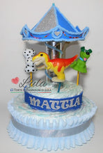 Carica l&#39;immagine nel visualizzatore di Gallery, Torta di pannolini Lula Creazioni Giostra Pampers idea regalo nascita battesimo baby shower maschio femmina gravidanza pampers utile bella originale bavaglino shop online spedizioni italia ancona azzurro celeste
