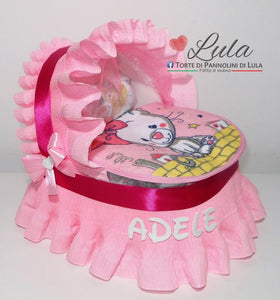 Torta di pannolini CULLA - carrozzina piccola + bavaglino rosa femmina Lula Creazioni idea regalo utile originale nascita battesimo baby shower shop online spedizioni italia ancona pampers bella