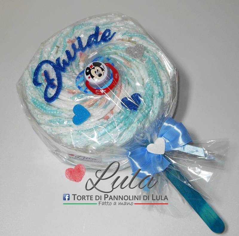 torta di pannolini pampers lula creazioni lecca lecca ciuccio topolino idea regalo nascita baby shower battesimo bimbo maschio azzurro utile originale economico particolare shop online spedizioni italia ancona milano torino