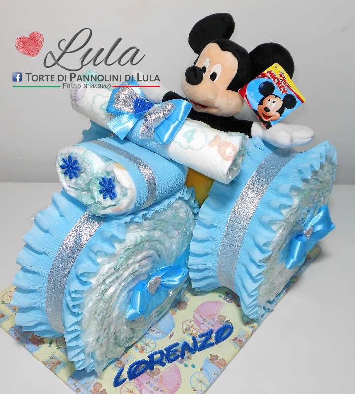 Torta di pannolini di Lula Creazioni treno triciclo peluche Minnie Topolino Pampers personalizzabile fucsia celeste azzurra maschio femmina rosa verde idea regalo gravidanza nascita battesimo baby shower neonato bella utile originale shop online spedizioni italia ancona personalizzabile