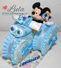 Carica l&#39;immagine nel visualizzatore di Gallery, Torta di pannolini di Lula Creazioni treno triciclo peluche Minnie Topolino Pampers personalizzabile fucsia celeste azzurra maschio femmina rosa verde idea regalo gravidanza nascita battesimo baby shower neonato bella utile originale shop online spedizioni italia ancona personalizzabile
