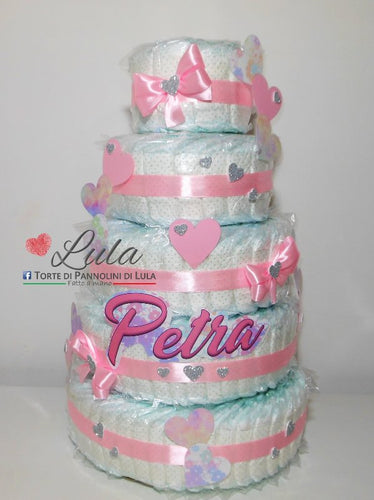 Torta di pannolini pioggia di Cuori a 5 Piani - Torte di Pannolini di LulaTorte di Pannolini di Lula Creazioni - igiene Sicurezza Qualità - Pampers cuori cuore personalizzabile fucsia celeste azzurra maschio femmina idea regalo gravidanza nascita battesimo baby shower neonato bella utile originale shop online spedizioni italia ancona personalizzabile