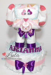 Torta di pannolini animali cane cucciolo Pampers Lula Creazioni idea regalo nascita battesimo baby shower femmina rosa viola utile originale shop online spedizioni italia ancona