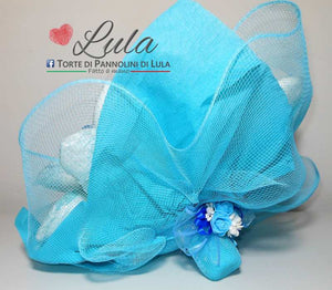 Torte di Pannolini di Lula Creazioni -  Fiori Bouquet idea regalo nascita battesimo baby shower maschio azzurro gravidanza pampers utile bella originale bavaglino shop online spedizioni italia ancona