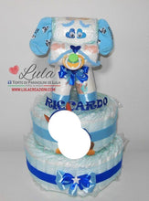 Carica l&#39;immagine nel visualizzatore di Gallery, Torta di pannolini animali cane  cucciolo Pampers Lula Creazioni idea regalo nascita battesimo baby shower gravidanza maschio azzurro bella utile originale shop online spedizioni italia ancona
