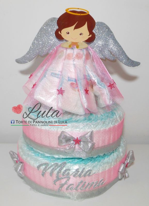 Torta di pannolini Angioletto grande rosa femmina Lula Creazioni idea regalo gravidanza baby shower nascita battesimo utile bella originale pampers shop online spedizioni italia ancona