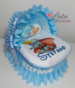 Torta di pannolini CULLA carrozzina + Bavaglino personalizzato nome dedica - Torte di Pannolini di Lula idea regalo bella utile originale pampers gravidanza nascita baby shower battesimo maschio femmina azzurro celeste rosa blu fucsia. shop online spedizioni italia ancona