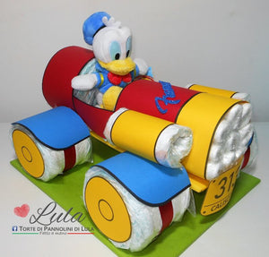 Torta di pannolini Lula Creazioni Auto macchina Paperino Pampers idea regalo nascita battesimo babyshower maschio bello utile originale spedizioni italia ancona