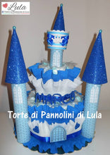 Carica l&#39;immagine nel visualizzatore di Gallery, Torta di Pannolini CASTELLO Prestige - Lula Creazioni - azzurro blu celeste maschio bimbo
