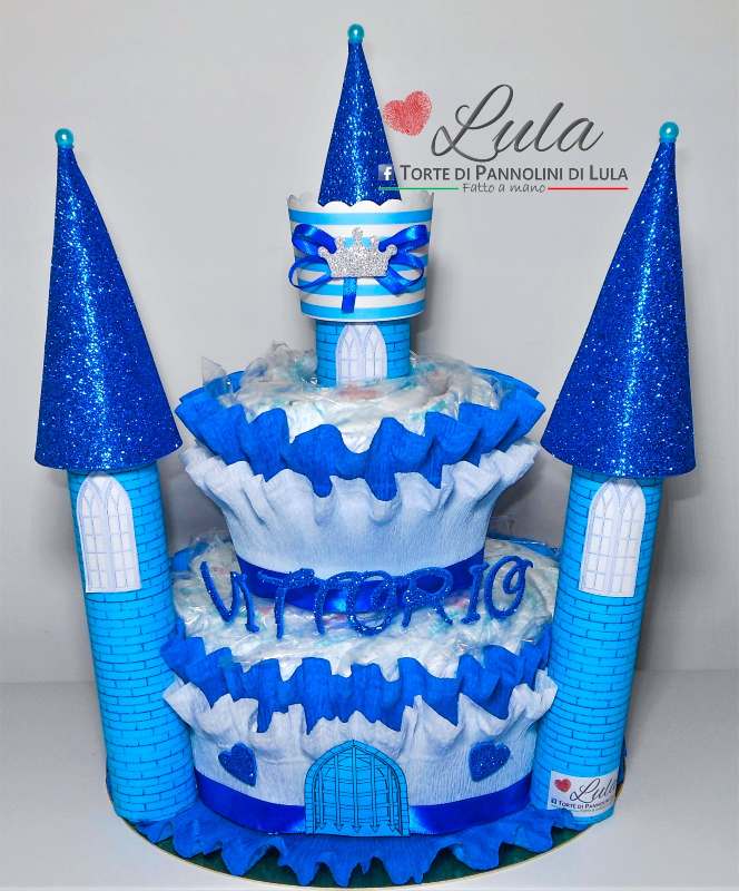 Torta di Pannolini CASTELLO Prestige - Lula Creazioni - azzurro celeste blu maschio