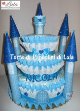 Carica l&#39;immagine nel visualizzatore di Gallery, Torta di Pannolini CASTELLO Prestige - Lula Creazioni - azzurro celeste blu maschio principe
