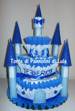 Carica l&#39;immagine nel visualizzatore di Gallery, Torta di Pannolini CASTELLO Prestige - Lula Creazioni - azzurro celeste blu maschio principe
