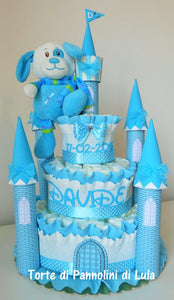 Torta di Pannolini CASTELLO Prestige - Lula Creazioni - azzurro celeste blu maschio principe + peluche idea regalo nascita gravidanza battesimo baby shower utile originale bello shop online spedizioni Italia ancona