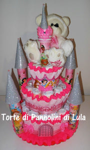 Torta di Pannolini CASTELLO Prestige - Lula Creazioni -rosa fucsia femmina principessa + peluche idea regalo nascita gravidanza battesimo baby shower utile originale bello shop online spedizioni Italia ancona