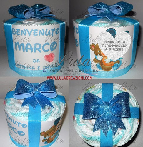 Torta di Pannolini PACCO REGALO - Lula Creazioni- fiocco azzurro maschio Topolino