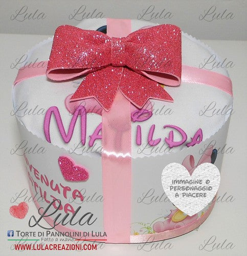 Torta di Pannolini PACCO REGALO - Lula Creazioni- fiocco rosa femmina Minnie + bavaglino personalizzato 