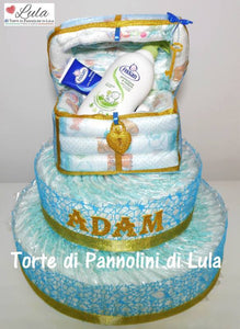 Torta di pannolini SCRIGNO + 2 Piani + Prodotti igiene - Lula Creazioni- azzurro maschio + prodotti igiene idea regalo gravidanza nascita battesimo baby shower neonato bella utile originale shop online spedizioni italia ancona