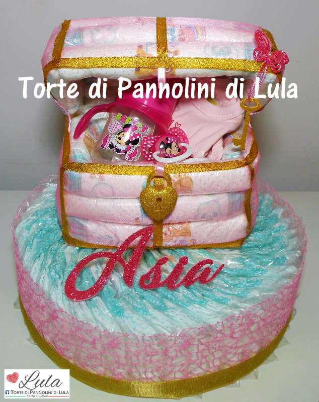 Torta di pannolini SCRIGNO + 1 piano + regalini TOPOLINO MINNIE: body/