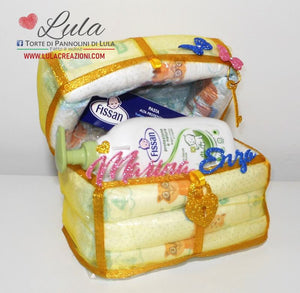 Torta di Pannolini SCRIGNO Pampers Lula Creazioni gemelli azzurro rosa oro idea regalo nascita battesimo baby shower shop spedizioni Italia Ancona