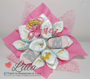 Torte di Pannolini di Lula Creazioni - Fiori Bouquet idea regalo nascita battesimo baby shower femmina rosa gravidanza pampers utile bella originale bavaglino shop online spedizioni italia ancona