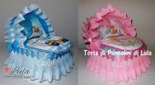 Carica l&#39;immagine nel visualizzatore di Gallery, Torta di pannolini CULLA - carrozzina piccola + bavaglino azzurro celeste blu maschio rosa femmina Lula Creazioni idea regalo utile originale nascita battesimo baby shower shop online spedizioni italia ancona pampers bella
