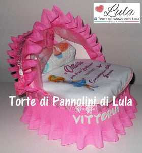 Torta di pannolini CULLA carrozzina + Bavaglino personalizzato nome dedica - Torte di Pannolini di Lula idea regalo bella utile originale pampers gravidanza nascita baby shower battesimo maschio femmina azzurro celeste rosa blu fucsia. shop online spedizioni italia ancona