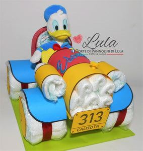 Torta di pannolini Lula Creazioni Auto macchina Paperino Pampers idea regalo nascita battesimo babyshower maschio bello utile originale spedizioni italia ancona 