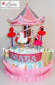 Torta di pannolini Lula Creazioni Giostra Pampers idea regalo nascita battesimo baby shower maschio femmina gravidanza pampers utile bella originale bavaglino shop online spedizioni italia ancona prodotti igiene giochini bagno