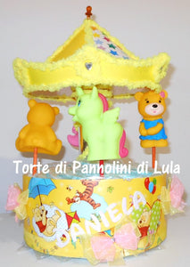 Torta di pannolini Lula Creazioni Giostra Pampers idea regalo nascita battesimo baby shower maschio femmina gravidanza pampers utile bella originale bavaglino shop online spedizioni italia ancona