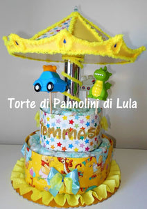 Torta di pannolini Lula Creazioni Giostra Pampers idea regalo nascita battesimo baby shower maschio femmina gravidanza pampers utile bella originale bavaglino shop online spedizioni italia ancona