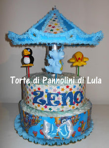 Torta di pannolini Lula Creazioni Giostra Pampers idea regalo nascita battesimo baby shower maschio femmina gravidanza pampers utile bella originale bavaglino shop online spedizioni italia ancona