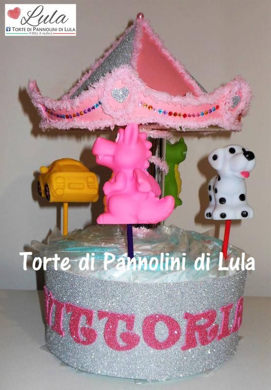 Torta di pannolini Lula Creazioni Giostra Pampers idea regalo nascita battesimo baby shower maschio femmina glitter gravidanza pampers utile bella originale bavaglino shop online spedizioni italia ancona