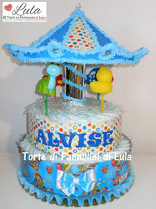 Torta di pannolini Lula Creazioni Giostra Pampers idea regalo nascita battesimo baby shower maschio femmina gravidanza pampers utile bella originale bavaglino shop online spedizioni italia ancona