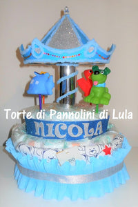 Torta di pannolini Lula Creazioni Giostra Pampers idea regalo nascita battesimo baby shower maschio femmina gravidanza pampers utile bella originale bavaglino shop online spedizioni italia ancona