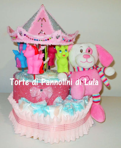 Torta di pannolini Lula Creazioni Giostra Pampers idea regalo nascita battesimo baby shower maschio femmina gravidanza pampers utile bella originale bavaglino shop online spedizioni italia ancona