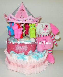 Torta di pannolini Lula Creazioni Giostra Pampers idea regalo nascita battesimo baby shower maschio femmina gravidanza pampers utile bella originale bavaglino shop online spedizioni italia ancona