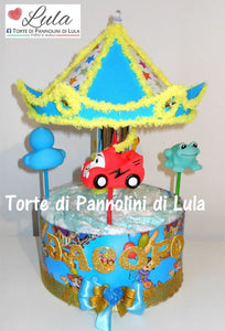 Torta di pannolini Lula Creazioni Giostra Pampers idea regalo nascita battesimo baby shower maschio femmina gravidanza pampers utile bella originale bavaglino shop online spedizioni italia ancona