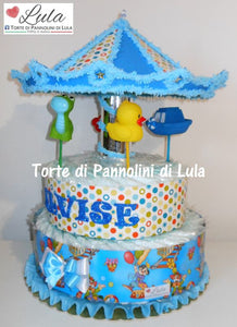 Torta di pannolini Lula Creazioni Giostra Pampers idea regalo nascita battesimo baby shower maschio femmina gravidanza pampers utile bella originale bavaglino shop online spedizioni italia ancona