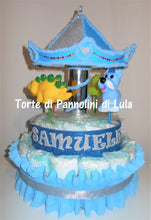 Carica l&#39;immagine nel visualizzatore di Gallery, Torta di pannolini Lula Creazioni Giostra Pampers idea regalo nascita battesimo baby shower maschio femmina gravidanza pampers utile bella originale bavaglino shop online spedizioni italia ancona
